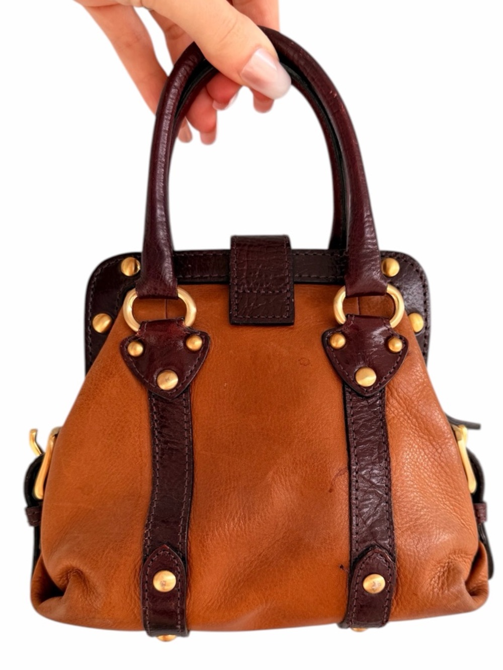 WILSON’S LEATHER Camel and Brown Belt Mini Purse - Picture 2 of 8
